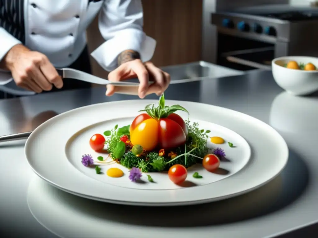 Un chef francés renombrado crea con precisión innovaciones culinarias en la gastronomía francesa, rodeado de ingredientes frescos y vibrantes