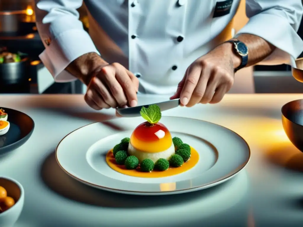 Un chef francés renombrado crea una presentación vanguardista en un elegante plato blanco