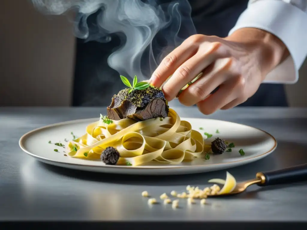 Un chef francés renombrado rallando delicadamente una rara trufa negra Perigord sobre tagliatelle, con aceite de trufa y chives frescos