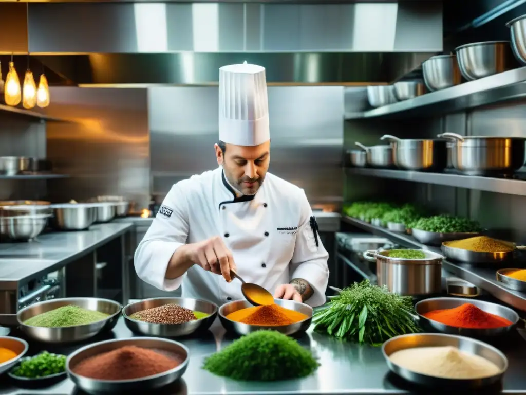 Un chef francés renombrado elabora una salsa innovadora en una cocina sofisticada, destacando las Técnicas culinarias francesas innovadoras