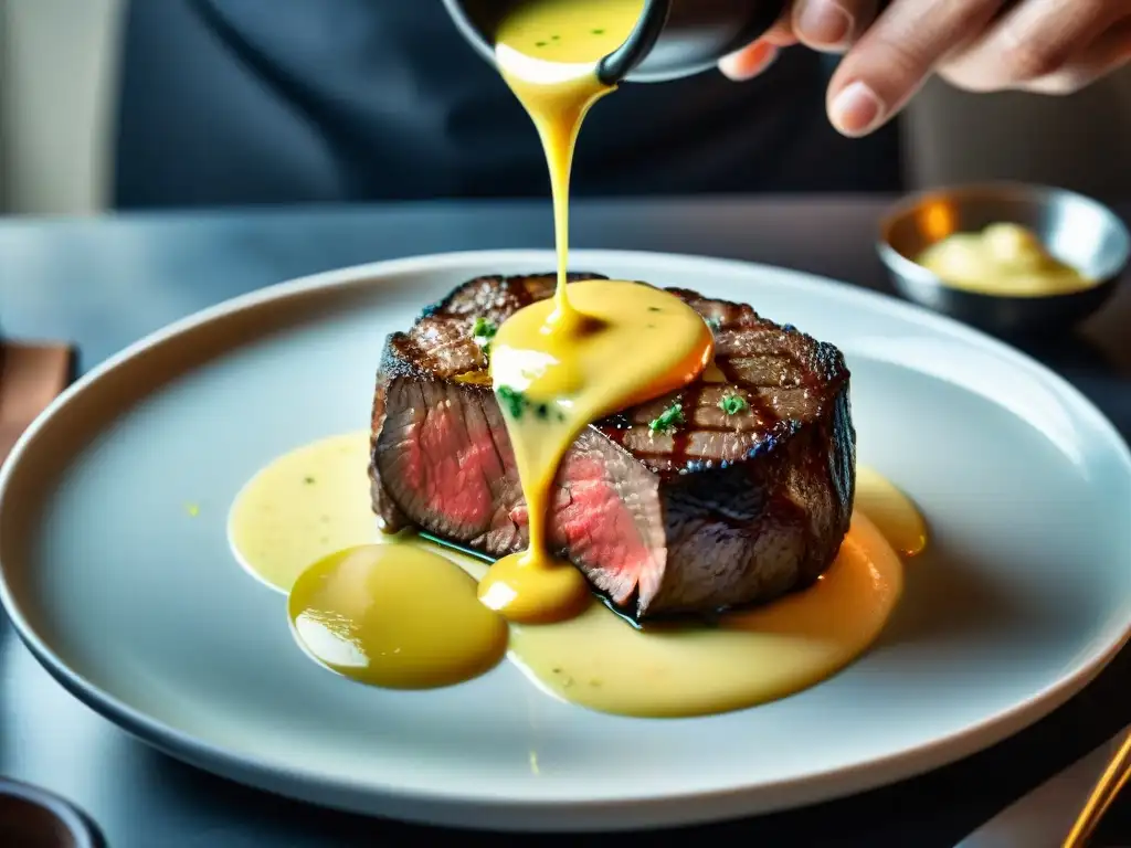 Chef francés preparando salsa Béarnaise para filete Un chef francés renombrado elabora una salsa Béarnaise sobre un filete perfectamente sellado