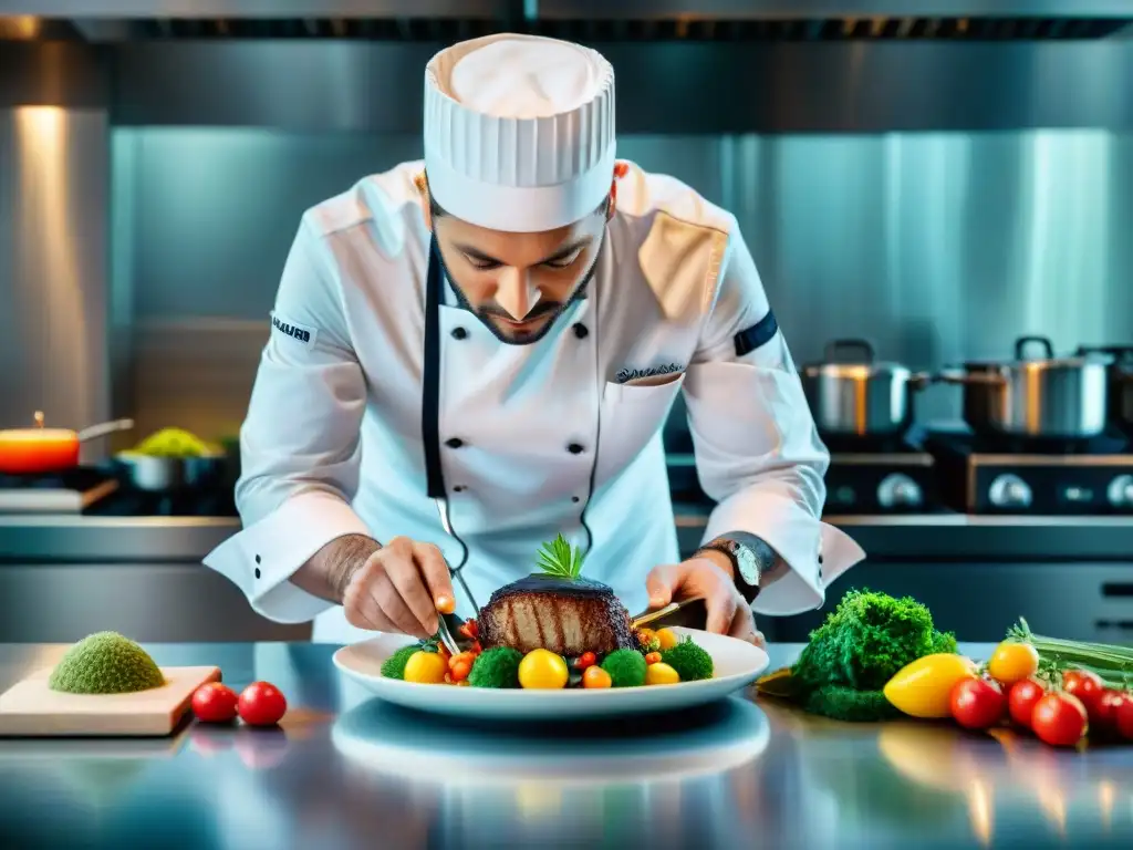 Un chef francés renombrado crea un sofisticado plato en una cocina moderna, mostrando las técnicas e innovaciones culinarias en Francia