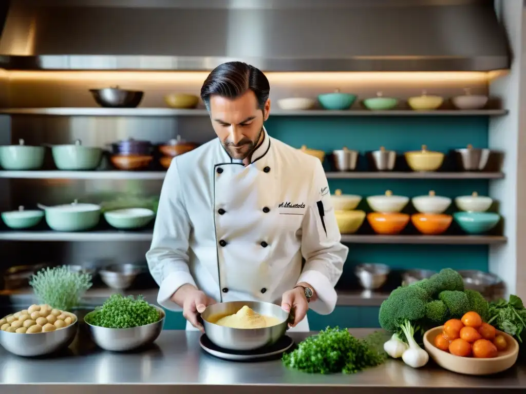 Un chef francés renombrado prepara un soufflé vegano en una cocina parisina tradicional