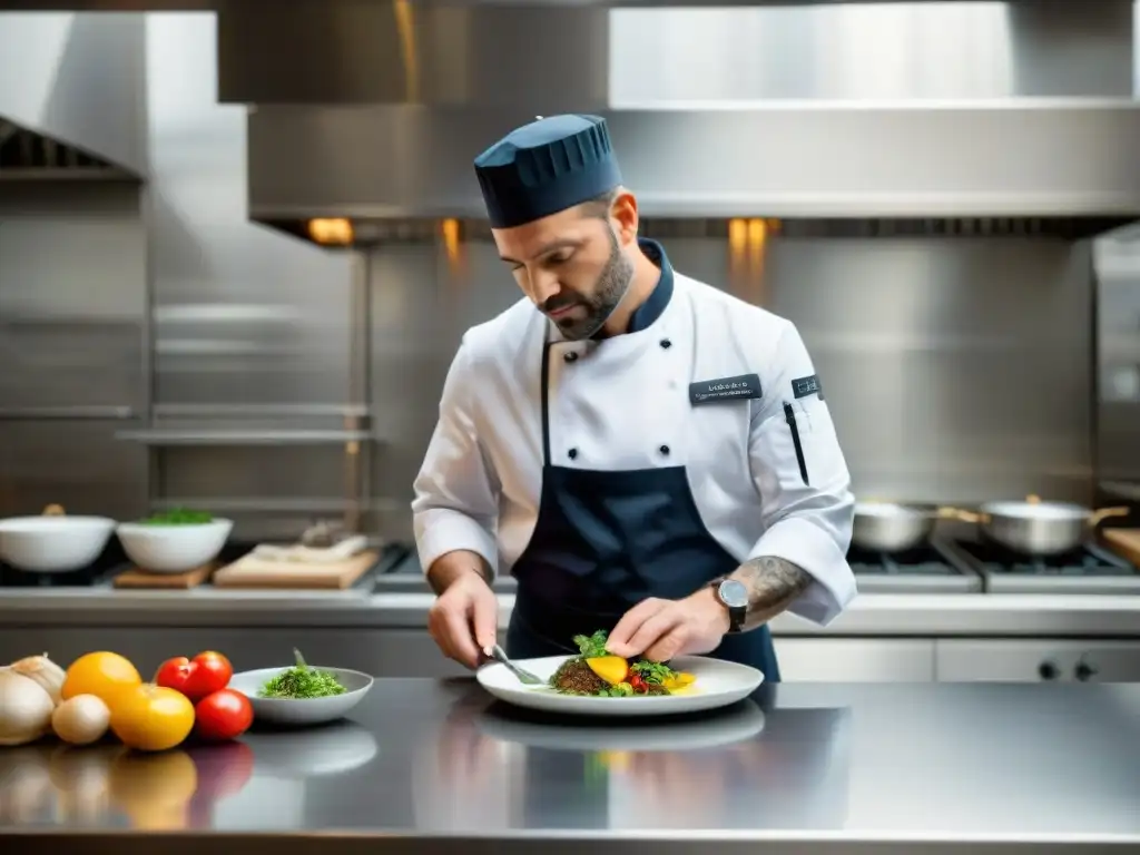 Chef francés renombrado emplea técnicas modernas en cocina francesa para crear plato innovador en cocina de vanguardia