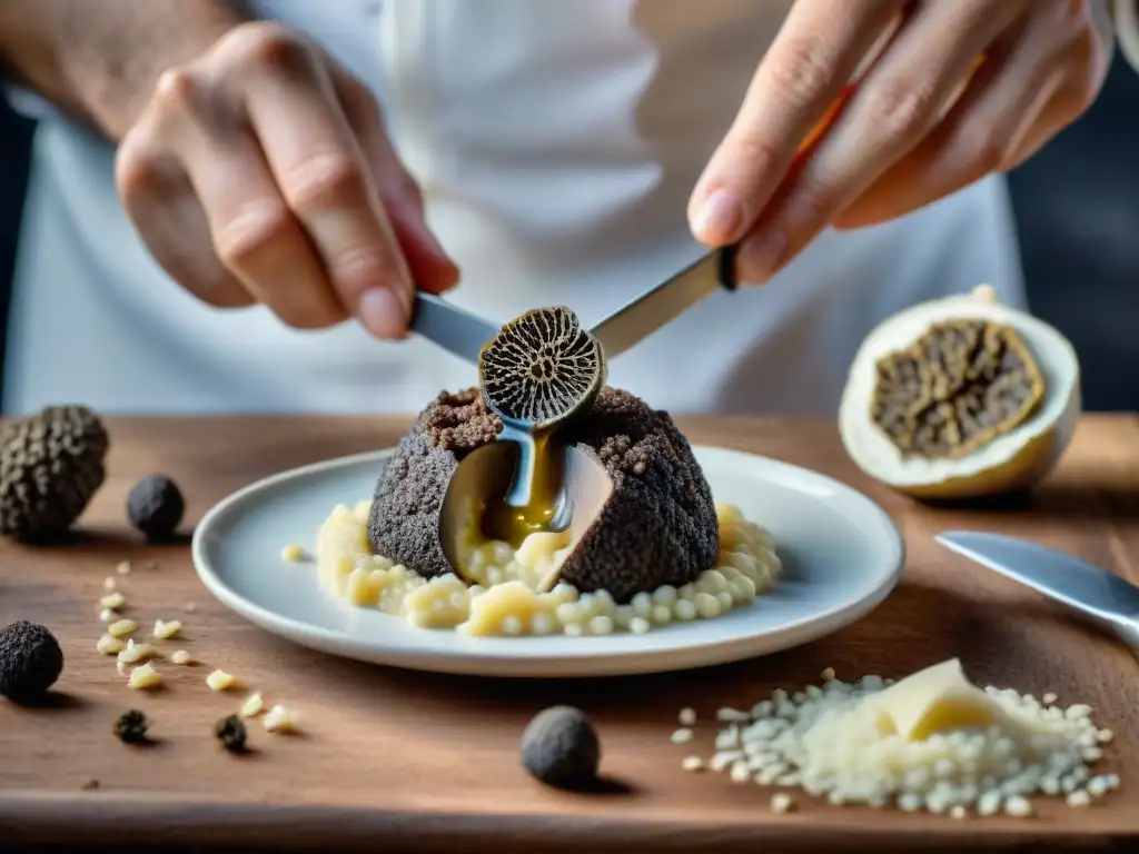 Un chef francés renombrado, con concentración, rallando una trufa negra de Périgord sobre un risotto gourmet en una cocina elegante y rústica