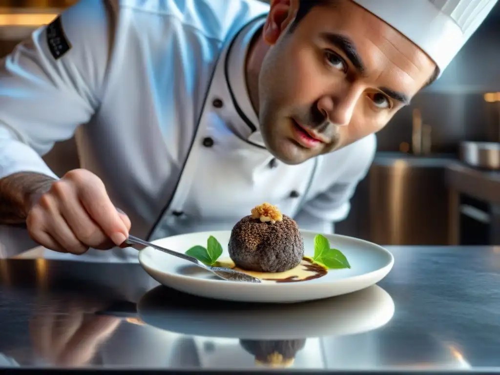 Un chef francés renombrado rallando una trufa negra de Perigord sobre un exquisito plato en una lujosa cocina gourmet