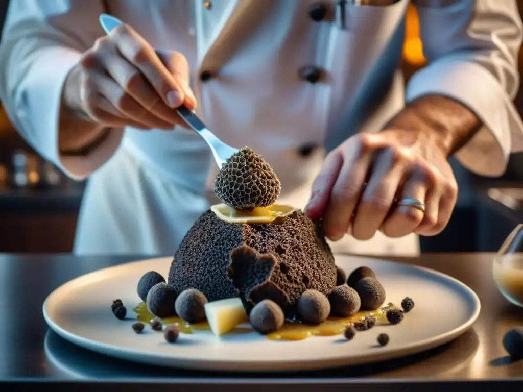 Un chef francés renombrado cortando trufas negras sobre un exquisito plato en una cocina elegante y sofisticada