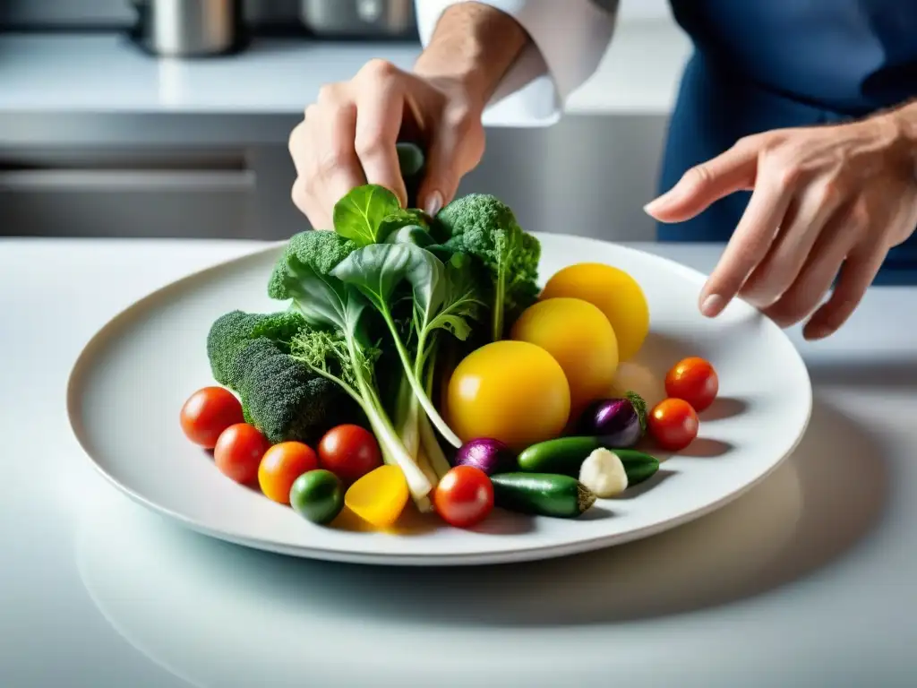 Un chef francés renombrado arregla verduras heirloom con elegancia en una cocina moderna, resaltando la diversidad y frescura de los ingredientes