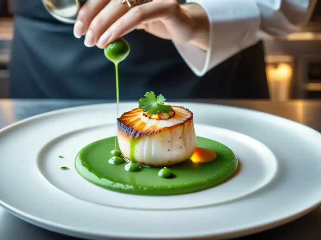 Un chef francés renombrado coloca una vieira perfectamente sellada sobre puré de guisantes verde intenso en un plato blanco impecable