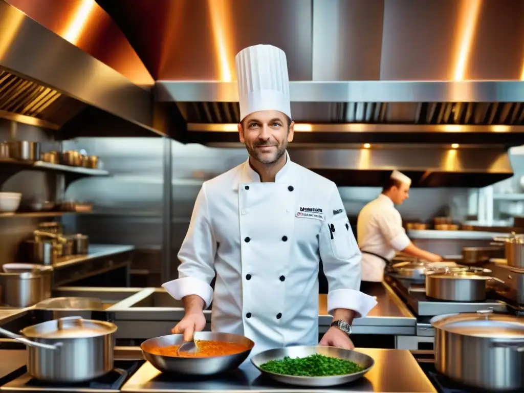 Un chef francés de renombre elabora una obra maestra culinaria en una cocina parisina llena de actividad