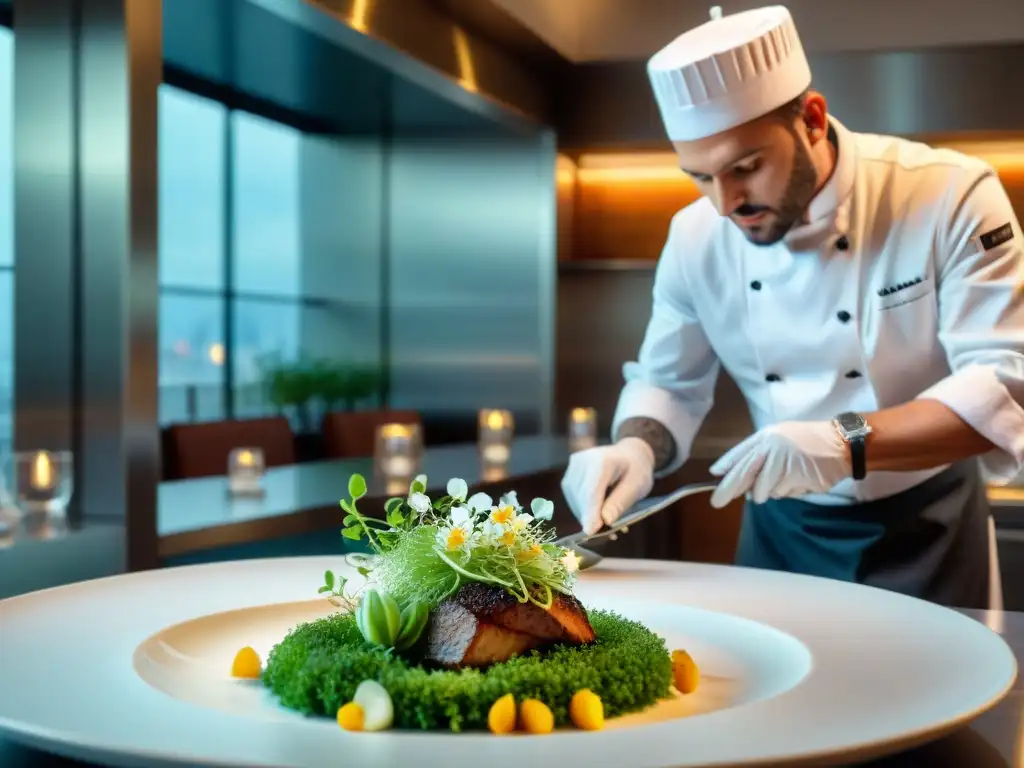 Un chef francés en un restaurante de alta cocina en París, creando un plato exquisito con precisión