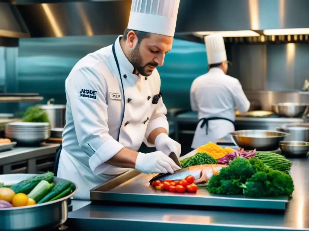 Un chef francés en un restaurante cocina pescado sostenible con atención y pasión