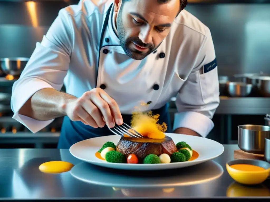 Chef francés en un restaurante estrella Michelin creando plato colorido con pasión y precisión