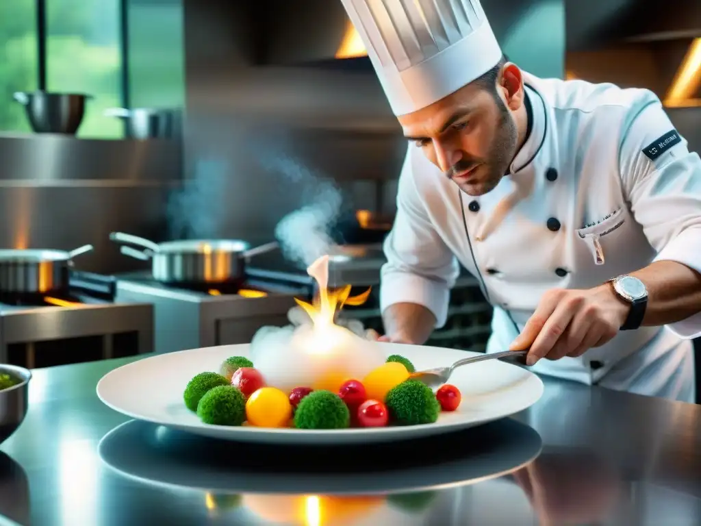 Un chef francés en un restaurante Estrella Michelin crea con precisión una obra culinaria