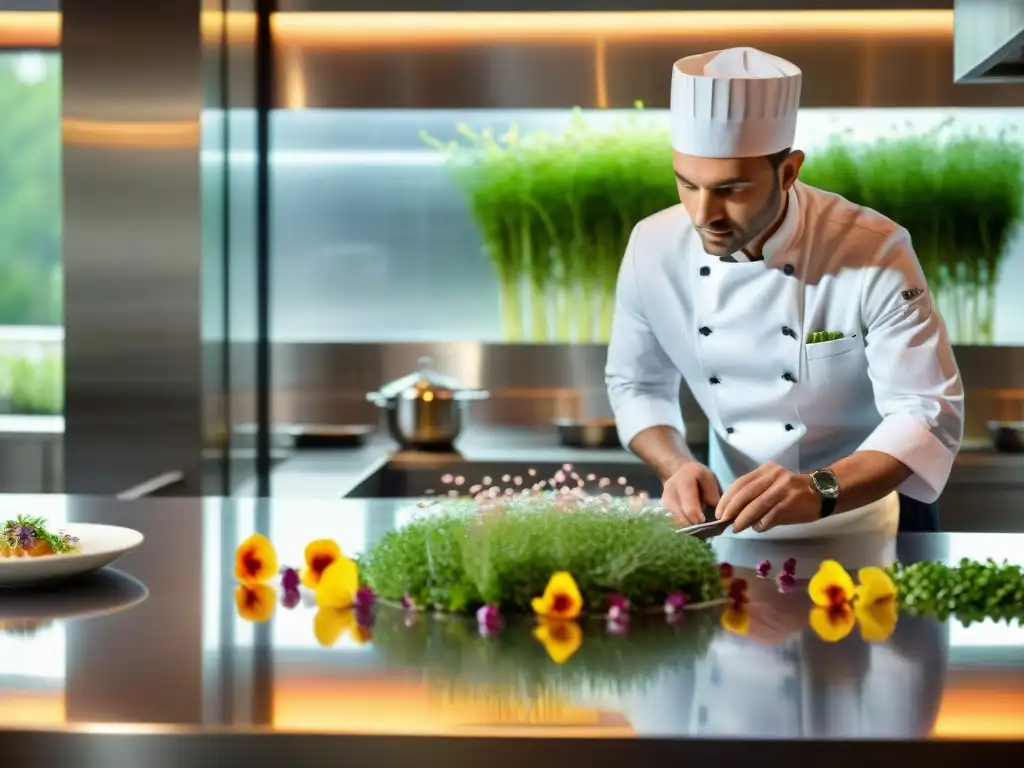 Un chef francés en un restaurante estrella Michelin de Francia creando un plato gourmet con detalle y precisión en una cocina moderna y elegante