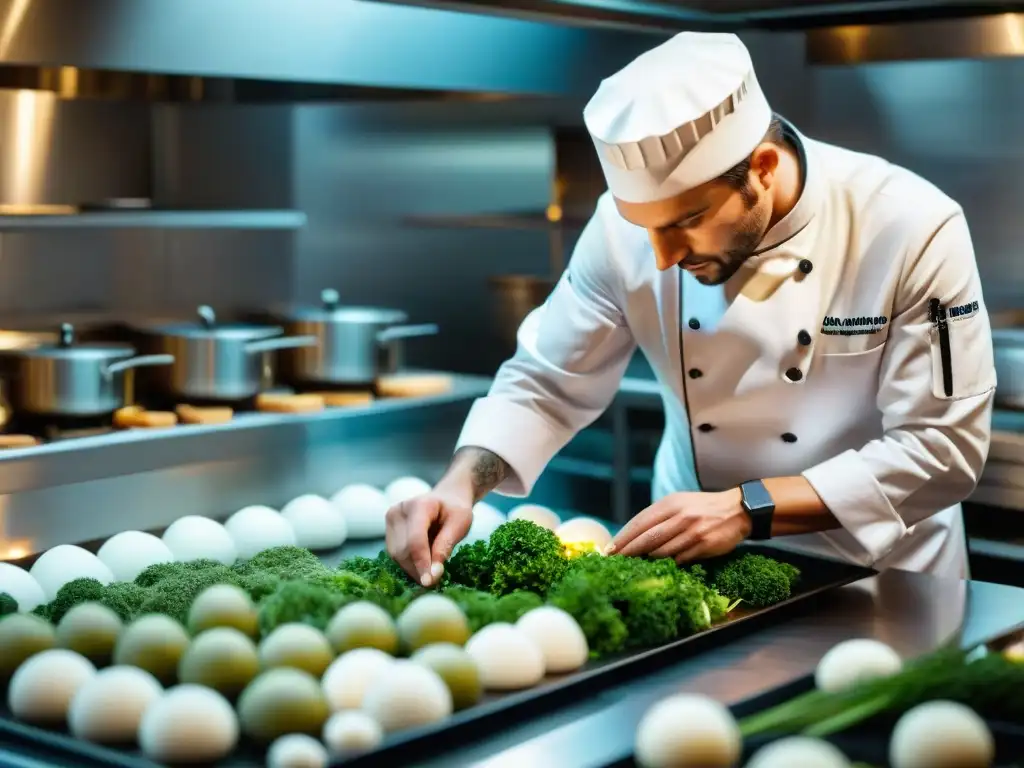 Un chef francés en un restaurante estrellado por Michelin preparando platos sostenibles con ingredientes locales