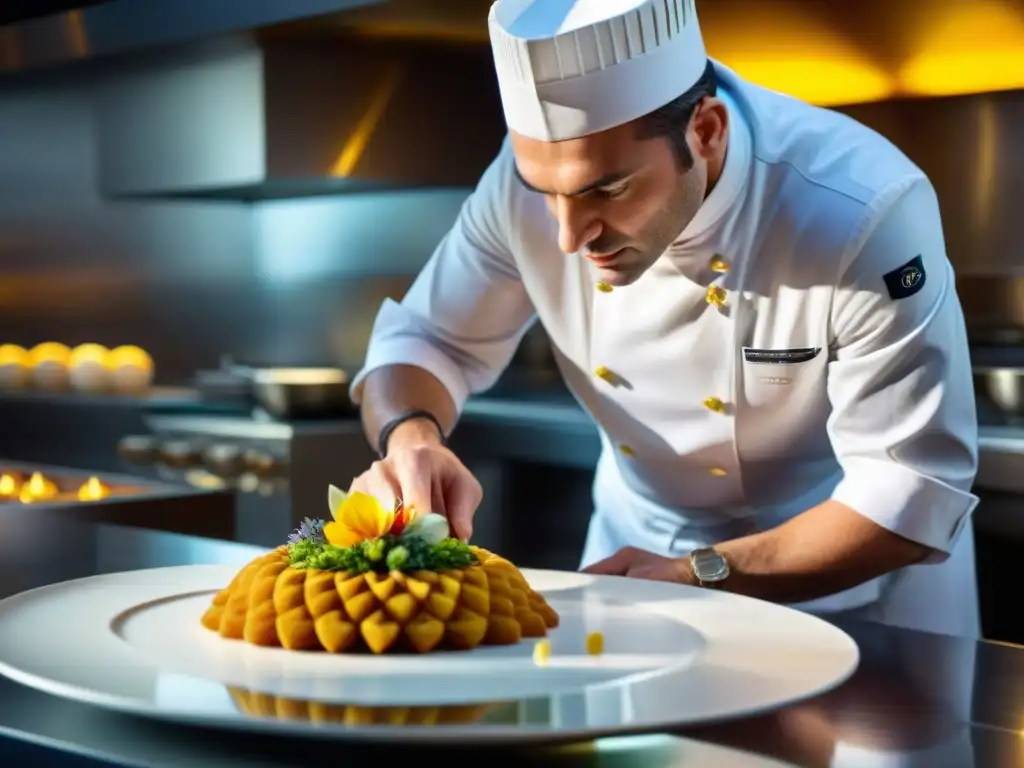 Chef francés en un restaurante lujoso crea postre con detalle y precisión