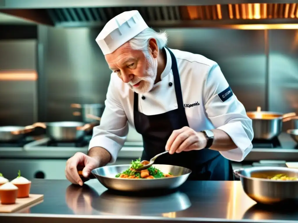 Chef francés en su restaurante Michelin, plato meticuloso