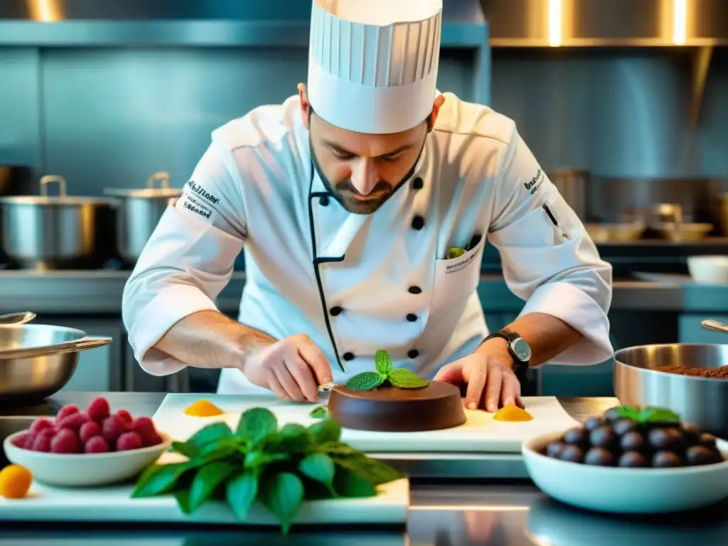 Un chef francés en un restaurante crea un postre delicado con pasión y precisión