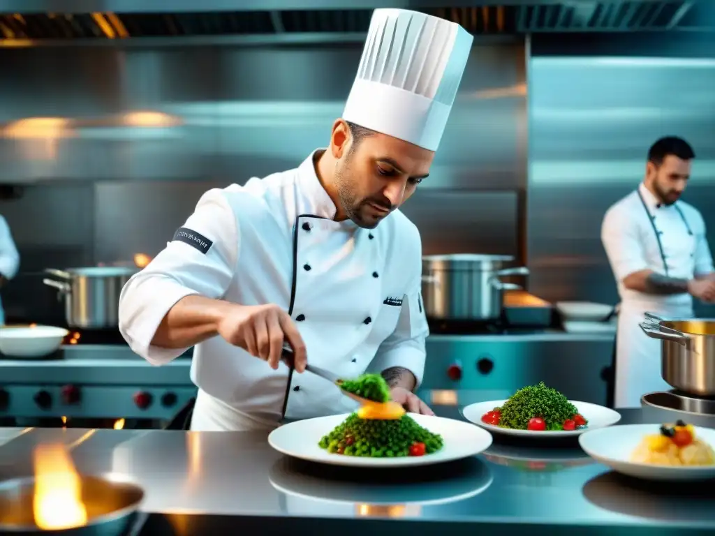 Un chef francés rodeado de su equipo en una cocina moderna, creando innovaciones culinarias