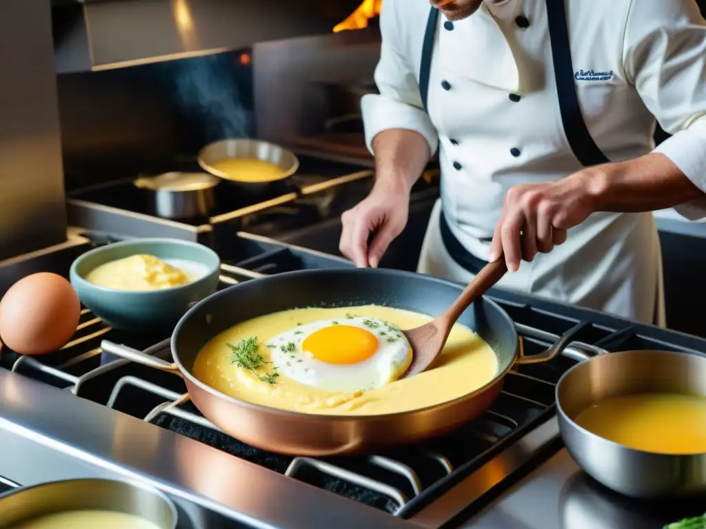 Un chef francés preparando una salsa Béarnaise en una cocina rústica, reflejando la artesanía culinaria de las salsas francesas tradicionales recetas