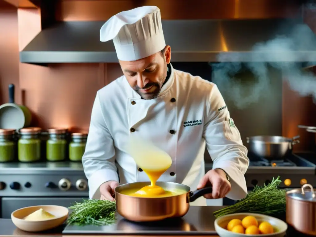 Un chef francés preparando salsa Bearnesa en una cocina tradicional