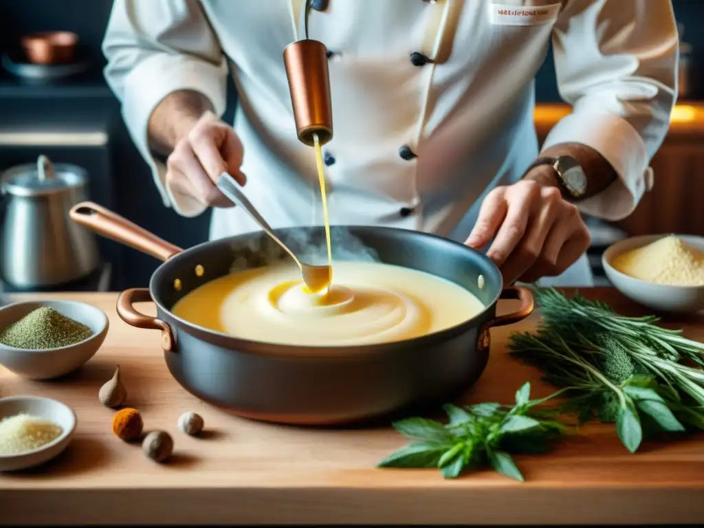 Un chef francés preparando una salsa Bechamel en cobre brillante