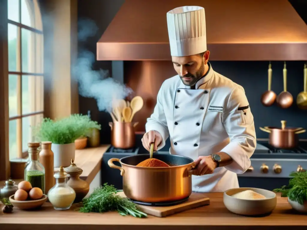 Un chef francés preparando salsas francesas tradicionales en una cocina rústica, con ingredientes frescos y elegancia culinaria