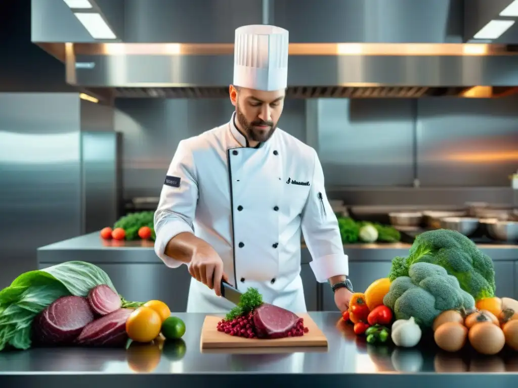 Un chef francés sofisticado prepara un plato al vacío en una cocina de alta tecnología, destacando técnicas al vacío gastronomía francesa