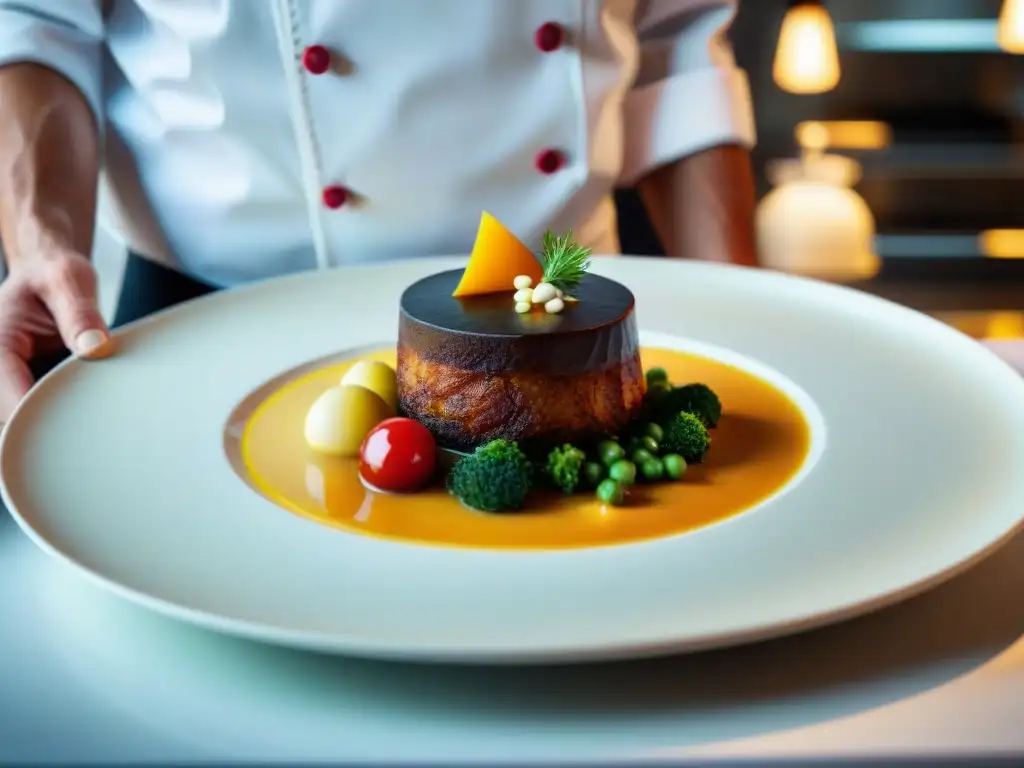 Un chef francés sofisticado preparando un plato avant-garde, representando la nouvelle cuisine francesa innovadora