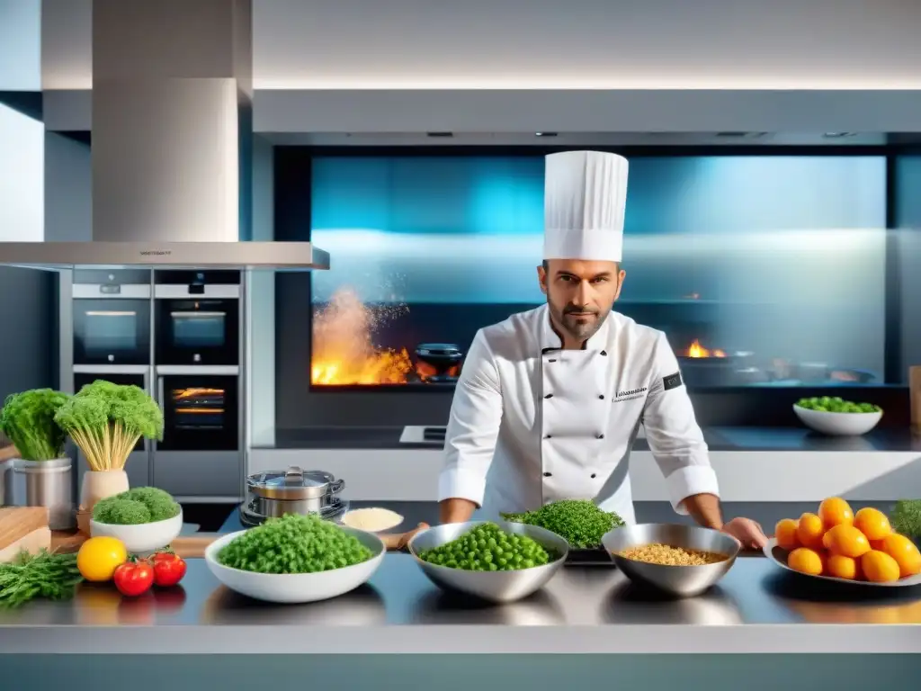 Un chef francés interactúa con software culinario innovador en una cocina moderna