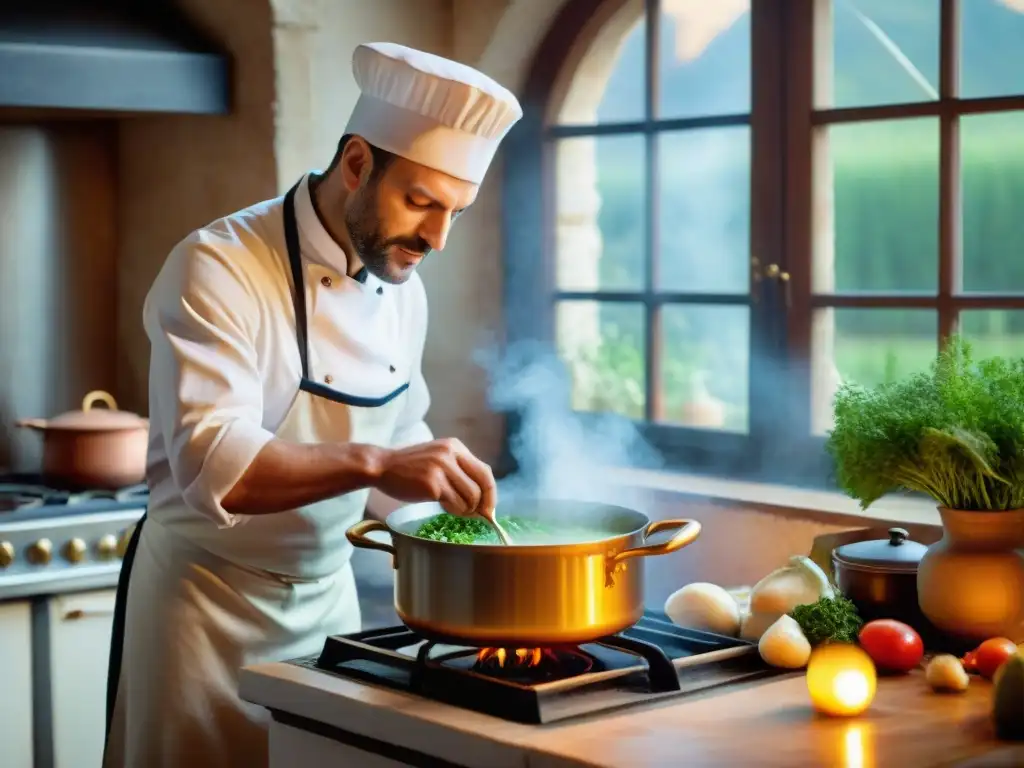 Un chef francés preparando sopas y caldos franceses saludables en una cocina rústica