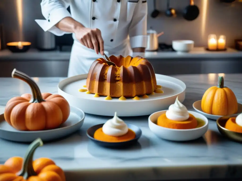 Chef francés creando soufflé de calabaza gourmet en cocina elegante