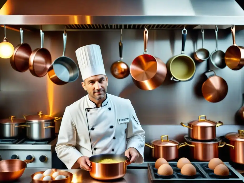 Un chef francés elaborando un soufflé en una cocina parisina, rodeado de ingredientes frescos