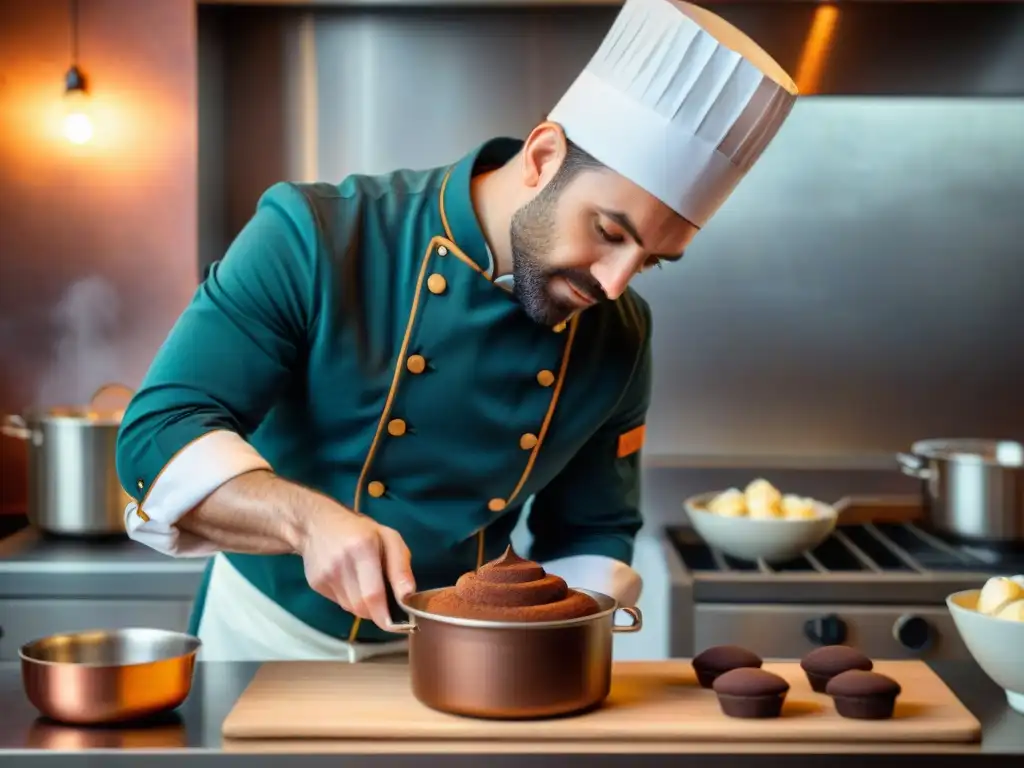 Un chef francés preparando un suflé de chocolate con pasión en una cocina parisina, destacando los sabores de la gastronomía francesa