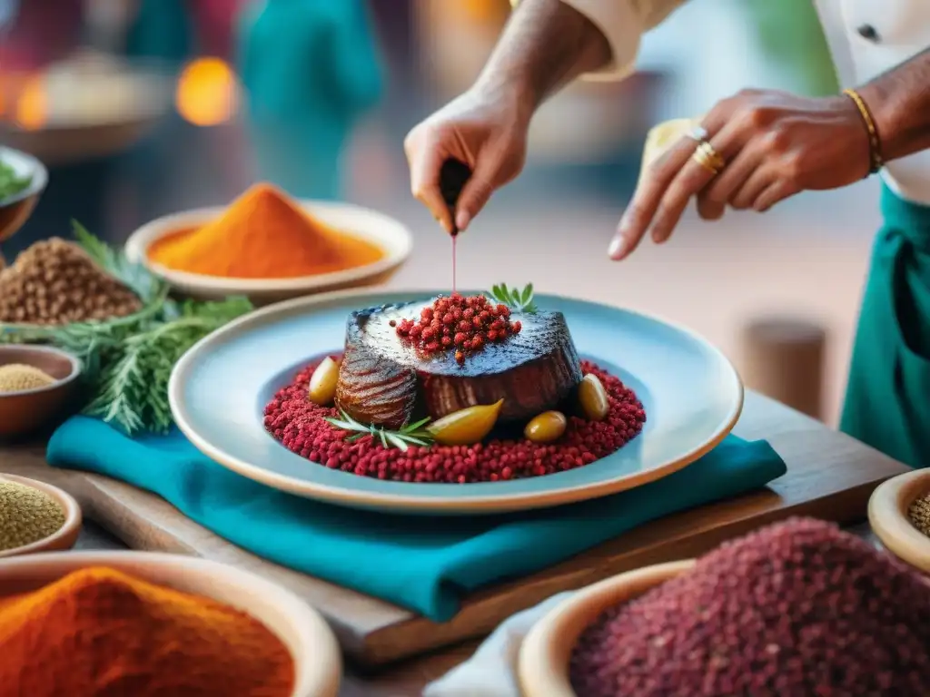 Chef francés espolvoreando sumac sobre coq au vin en Marrakech