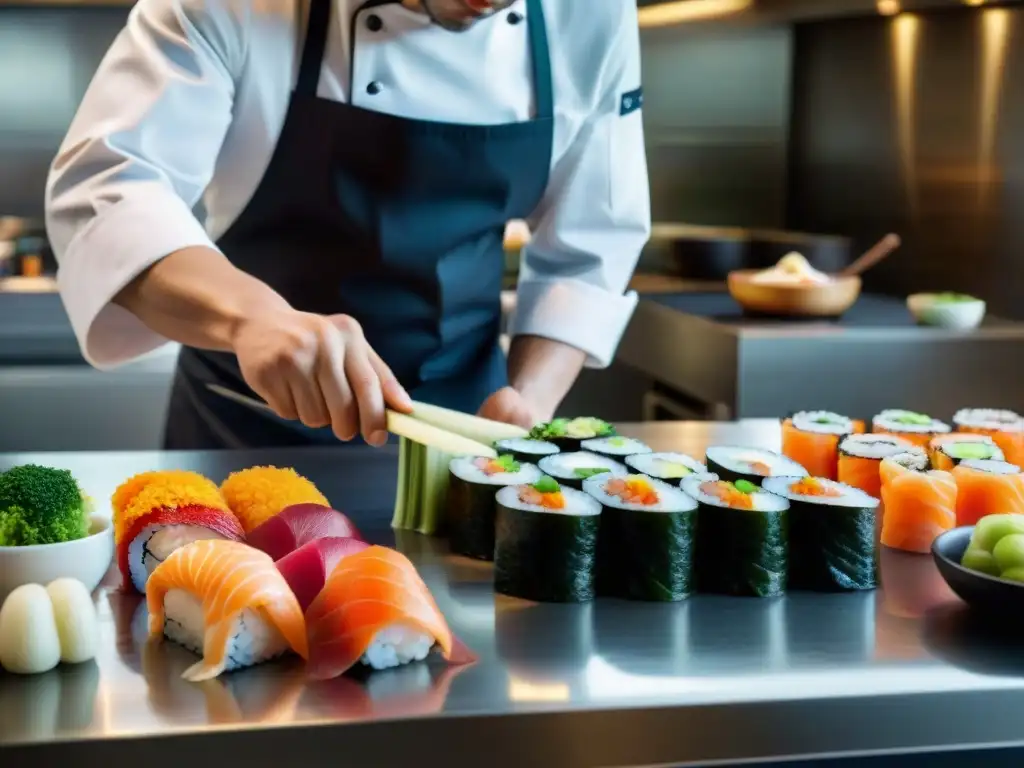 Un chef francés preparando sushi en cocina moderna en París: Fusión culinaria franco-japonesa