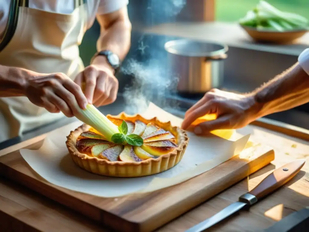 Un chef francés preparando meticulosamente una Tarta Flamiche de Puerros y Pescado en una cocina rústica