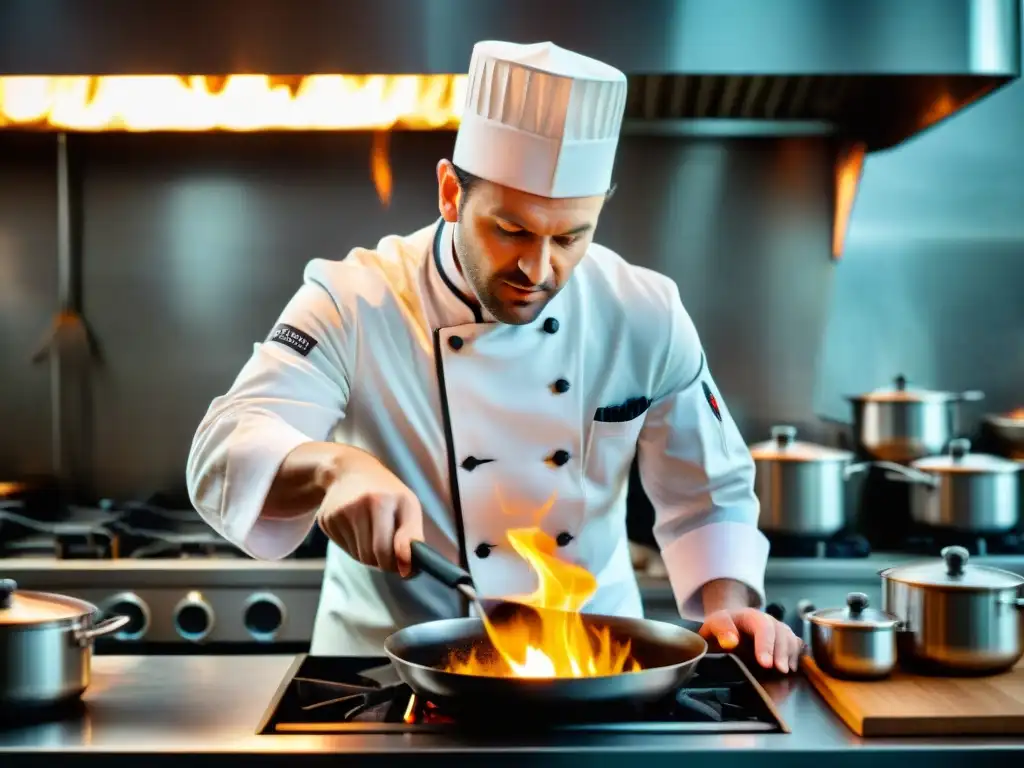 Chef francés realizando la técnica flambe con precisión en cocina profesional