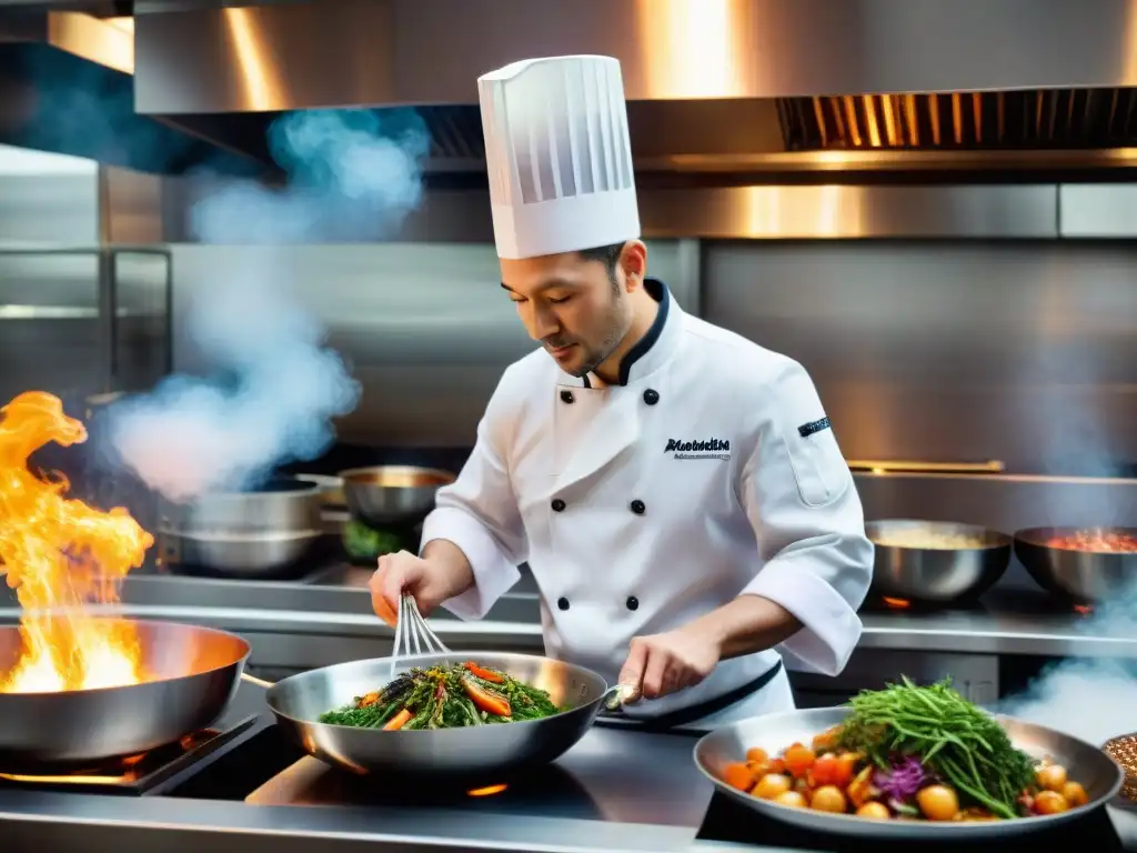 Un chef francés innovando con técnicas asiáticas en una cocina de alta gama