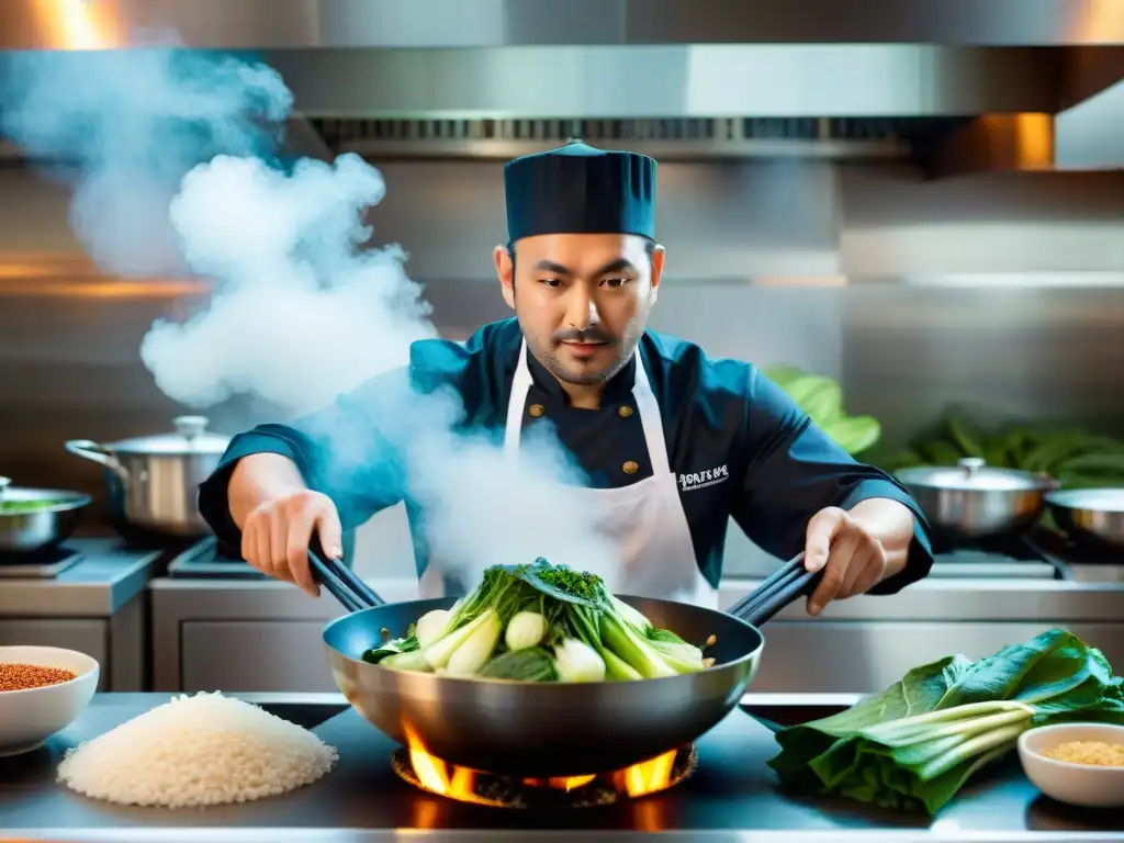 Un chef francés innovador fusiona técnicas asiáticas en una cocina tradicional, rodeado de ingredientes frescos y exóticos