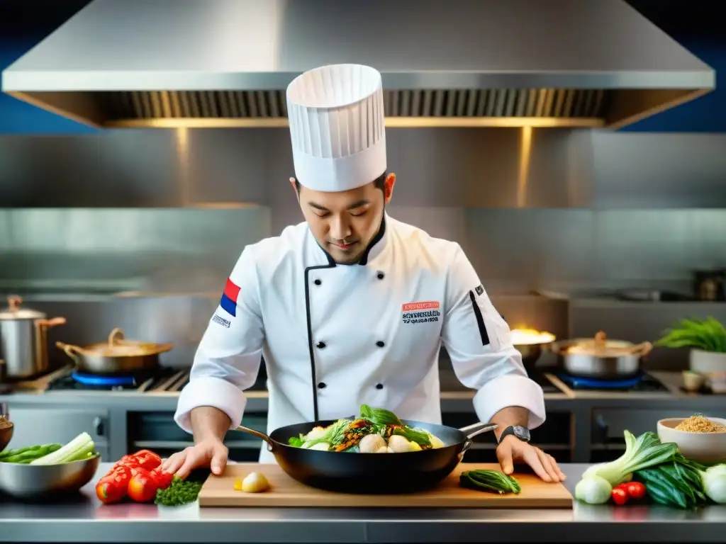 Un chef francés innovador fusiona técnicas asiáticas en una cocina moderna y bulliciosa