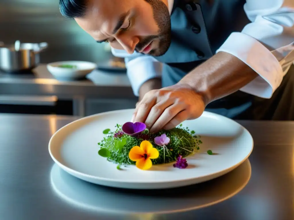 Un chef francés mostrando técnicas avanzadas de presentación de platos, con flores comestibles y microgreens en un plato blanco