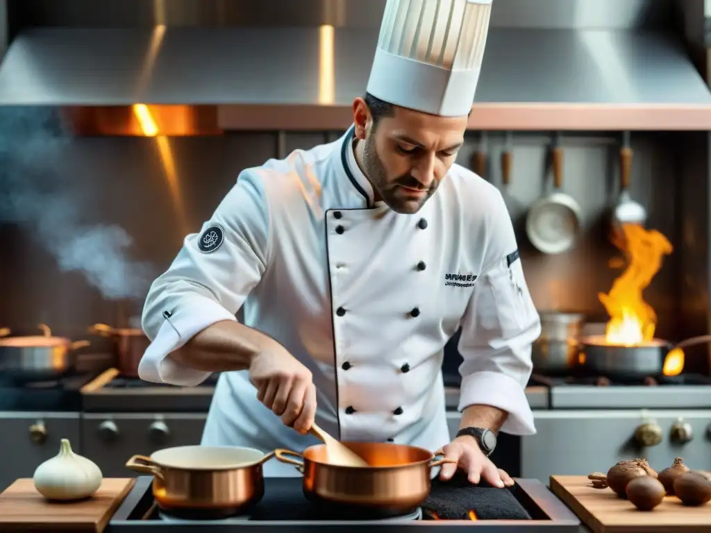 Chef francés utilizando técnicas culinarias ancestrales en una cocina tradicional llena de utensilios de cobre y hierbas fragantes