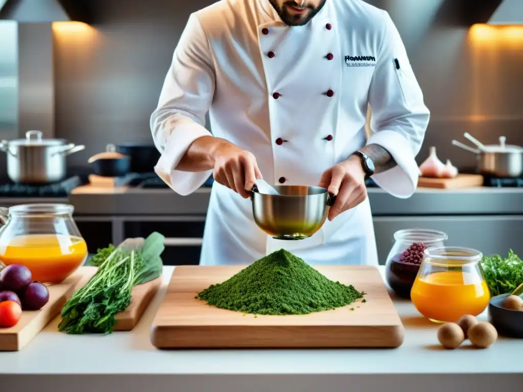 Un chef francés fusionando técnicas culinarias tradicionales con sabores locales, creando platos de fusión culinaria francesa