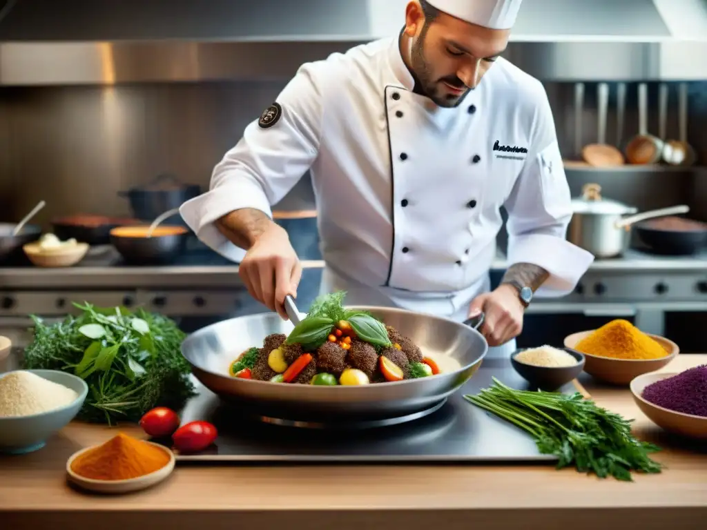 Chef francés fusionando técnicas culinarias francesas con sabores internacionales en una cocina moderna y bulliciosa