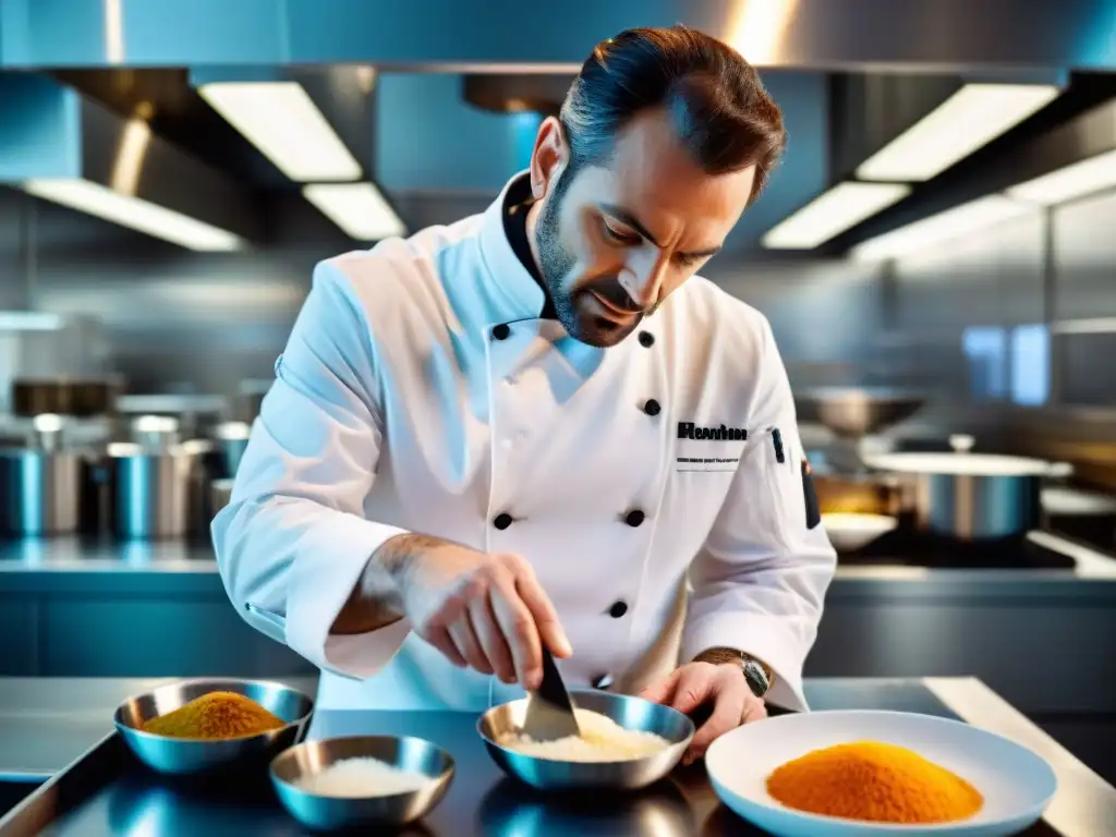 Chef francés experimentando con técnicas modernas de cocina francesa en laboratorio culinario