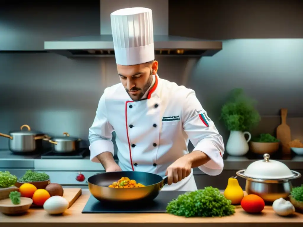 Un chef francés equilibrando técnicas tradicionales con innovación culinaria en una cocina bulliciosa