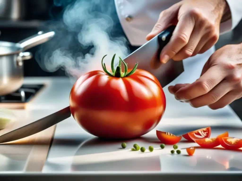 Un chef francés cortando expertamente un tomate maduro con un cuchillo de chef afilado, en una cocina bulliciosa