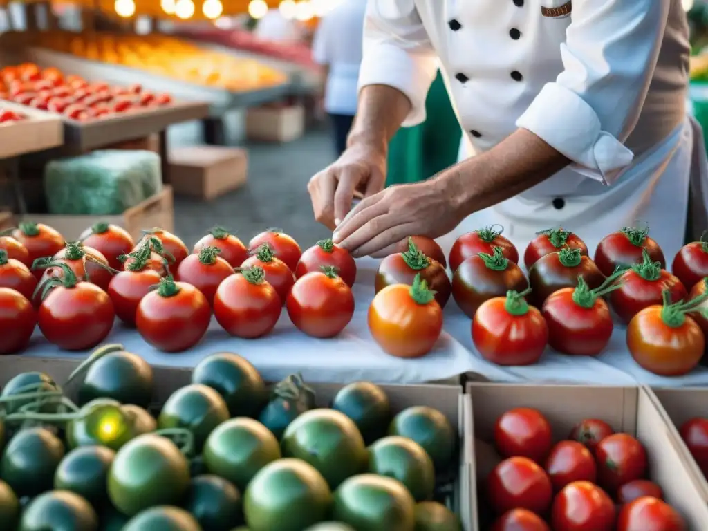 Un chef francés selecciona tomates frescos en un bullicioso mercado de Provence, mostrando sostenibilidad en la cocina francesa